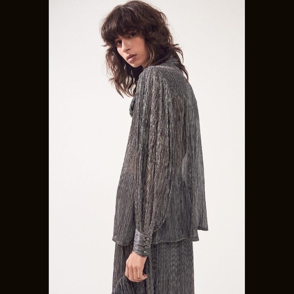 SUNCOO PARIS LYNSEE METALLIC TIE NECK BLOUSE SILVER TOP SZ T1 - Picture 7 of 11